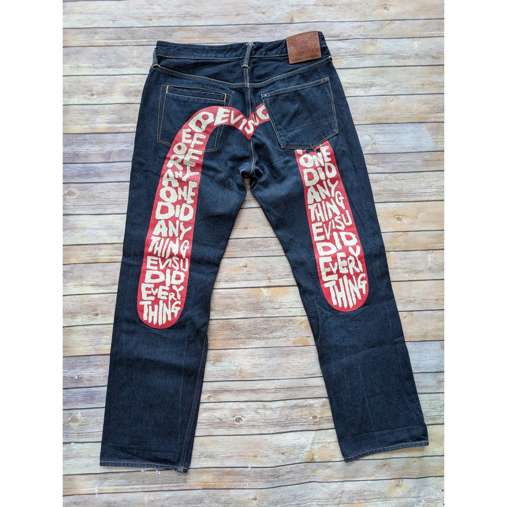 EVISU Lot 2000 Daicock Painted Jeans 34x34 Dark Indigo Denim